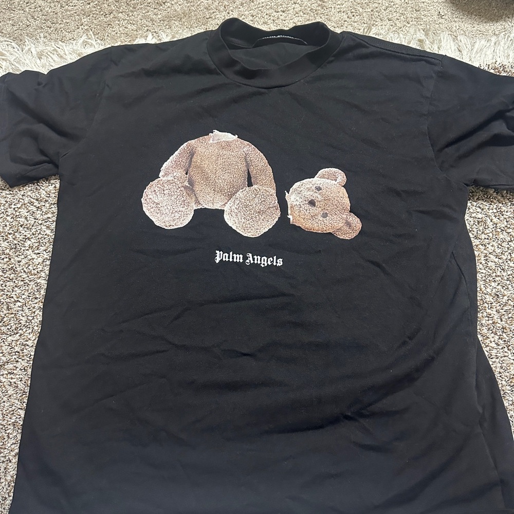 Palm Angels Black Tee with Brown Teddy Bear Design